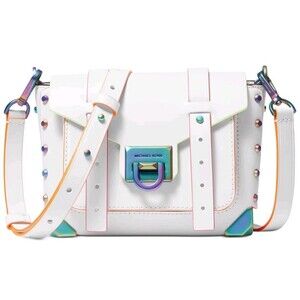 Michael Kors Manhattan Leather Satchel White With Neon Trim NEW w/o Tags Boxed